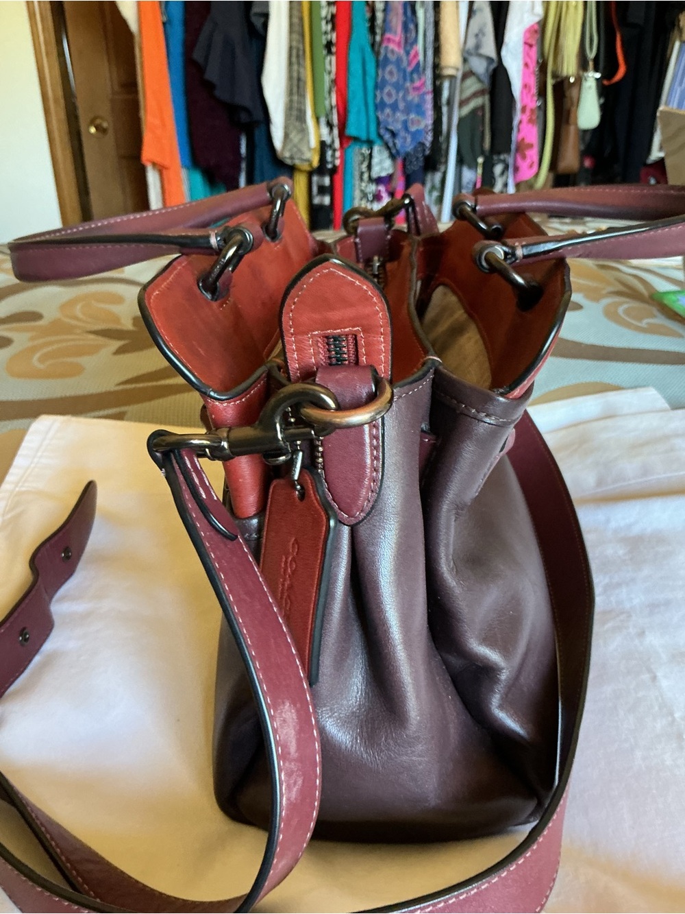 Coach Tate Carryall Two-Tone Brown and Burgundy Leather Crossbody - Picture 7 of 15